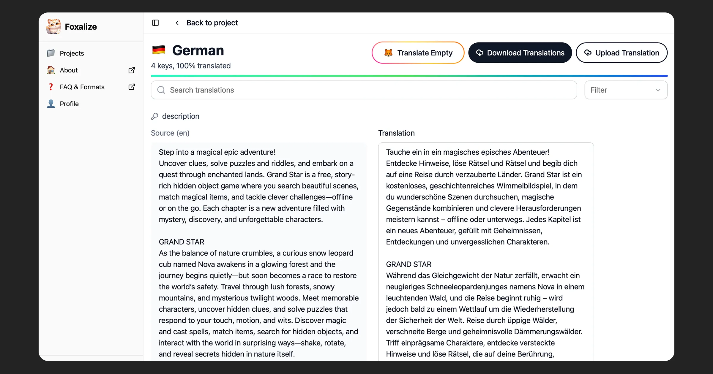 Foxalize translation editor showing English to German translation of Grand Star app description, with source text and AI-generated translation side by side