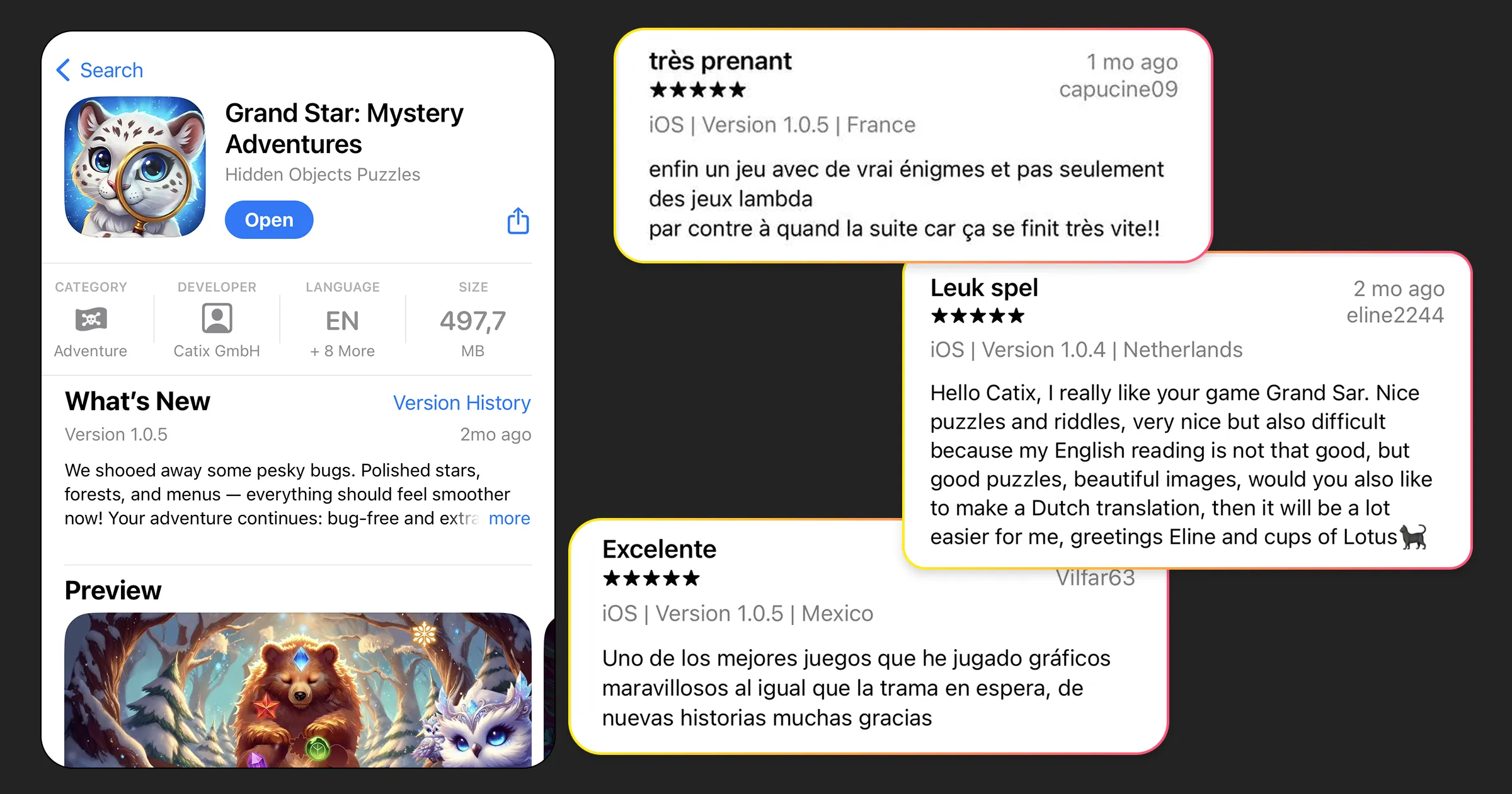Grand Star: Mystery Adventures on the App Store alongside five-star player reviews in French, Dutch, and Spanish