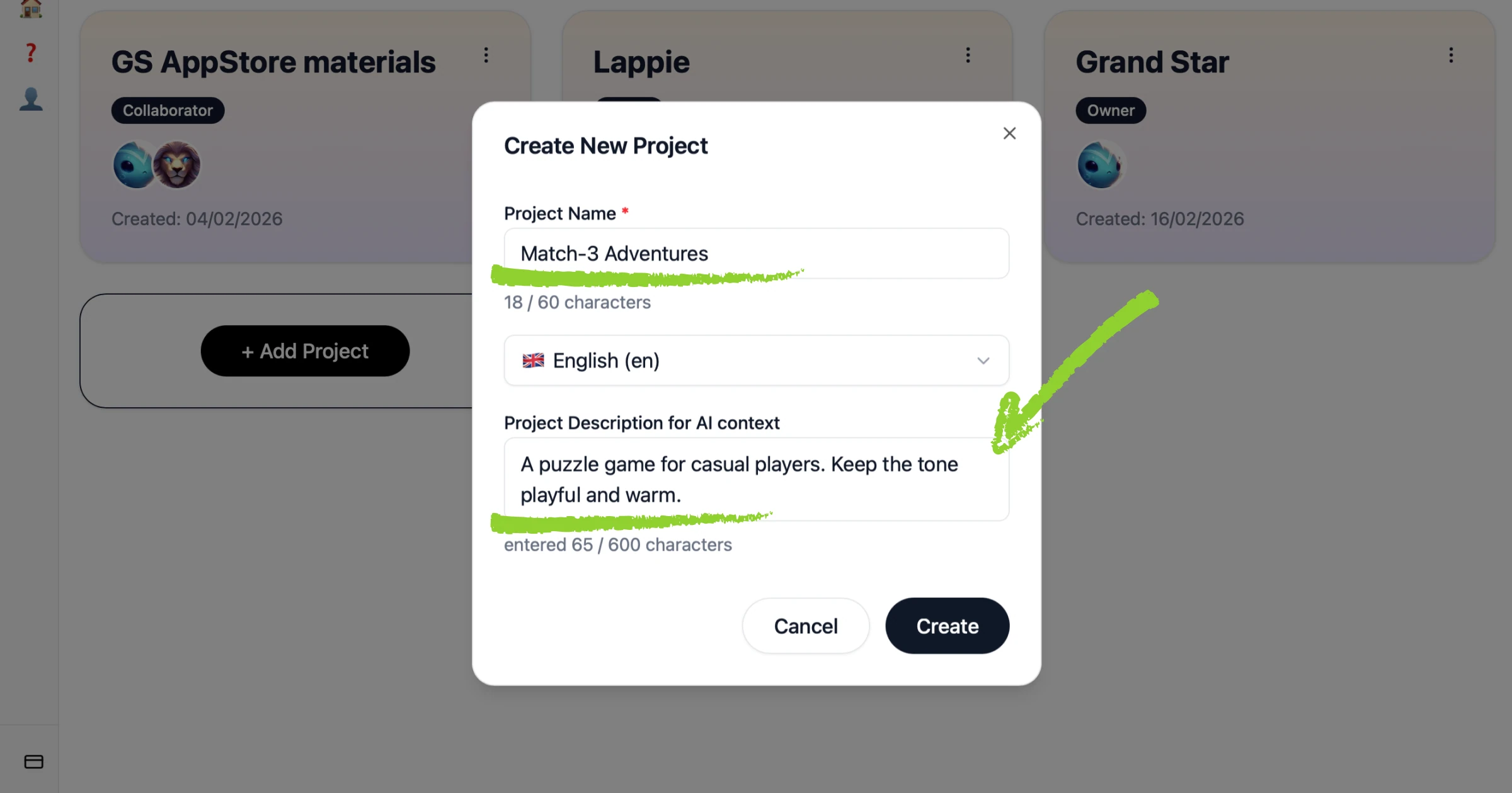 Foxalize new project dialog with project name and AI context description filled in