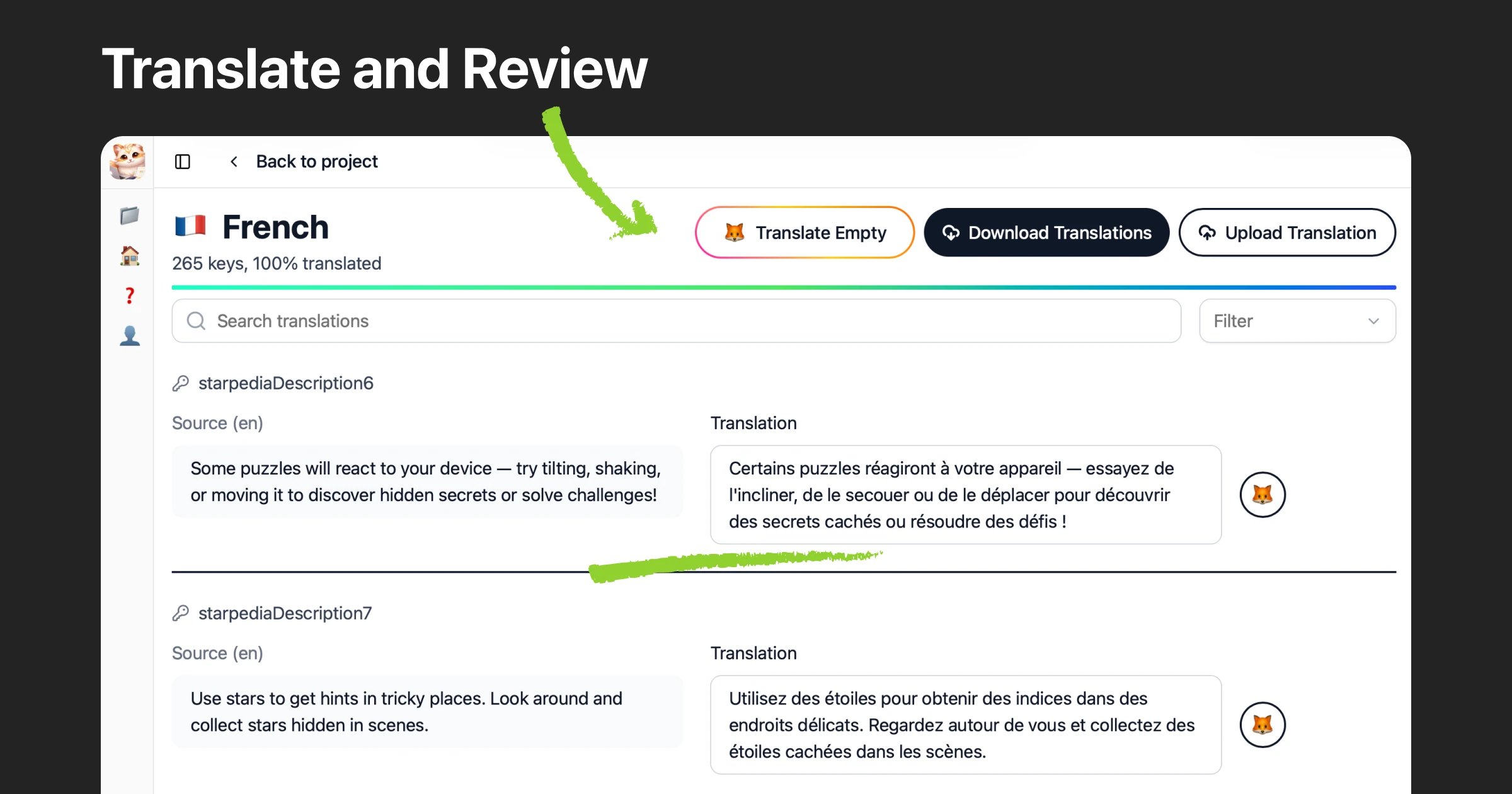 Foxalize translation view showing AI-translated content with source and target text side by side